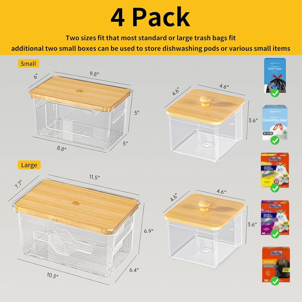 FELIZHOUSE 4 Pack Trash Bag Holder with Bamboo Lid, Stackable Garbage Bag Dis...