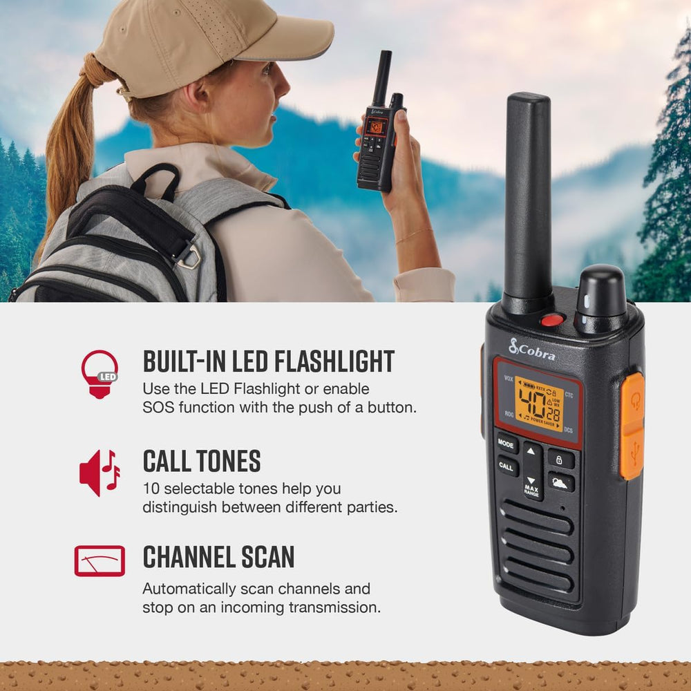 Cobra RX380 Walkie Talkies (2-Pack), 40 Pre-Programmed Channels