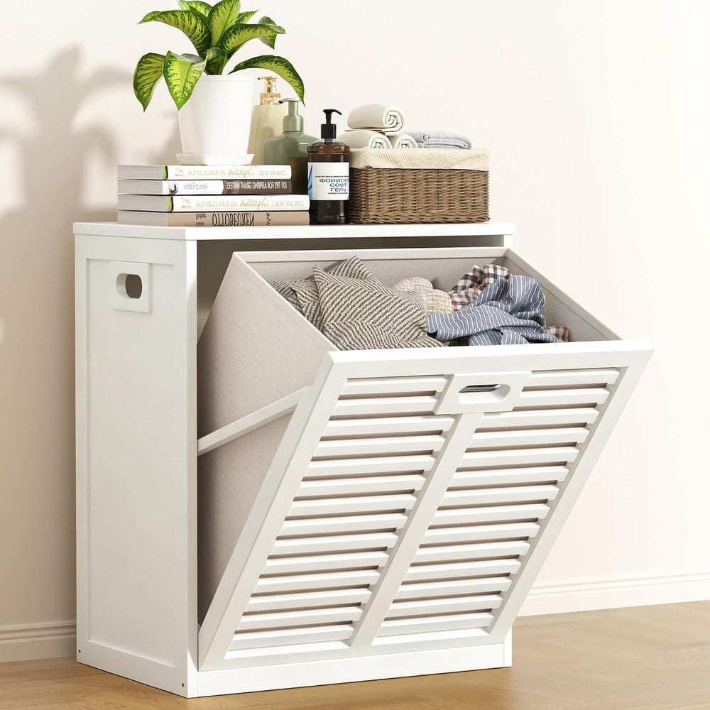 VASMIA Tilt Out Laundry Hamper, Bamboo Laundry Cabinet with Hidden Removable ...