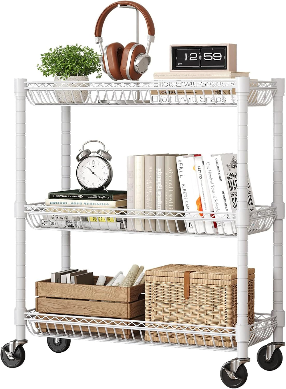 3-Tier Rolling Storage Shelves with Wire Baskets,30 x 13.5 x 30in