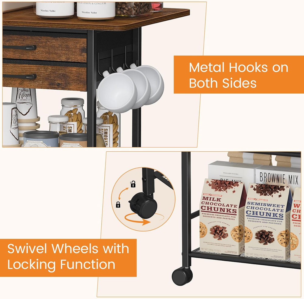 Snughome 5 Tier Rolling Coffee Cart with 2 Large Drawers & Removable Divi...