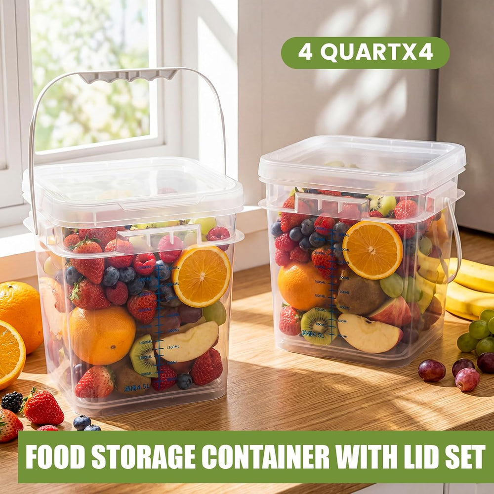 LemonRoad 4 Pcs Clear Square Bucket with Lid 1 Gallon Graduated Pail Containe...
