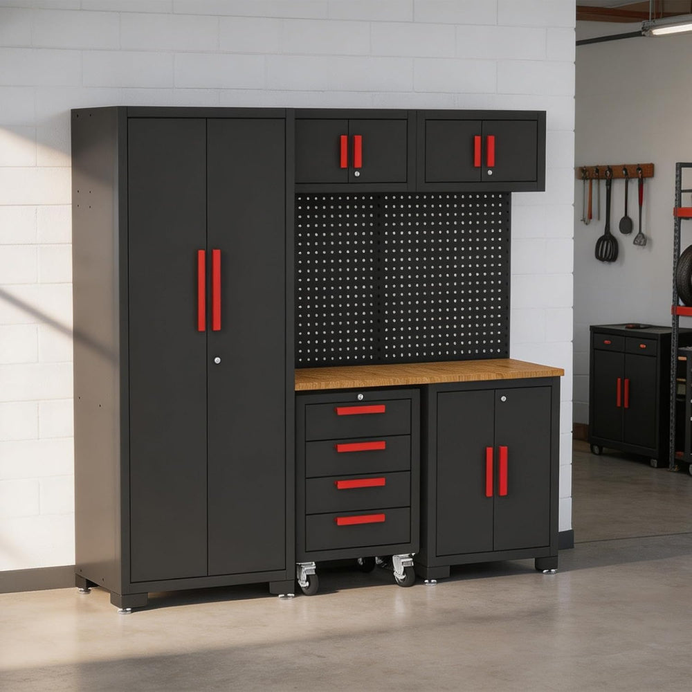 BIG RED Garage Storage Cabinets System, 6-Pcs Workshop Cabinet Set in Black