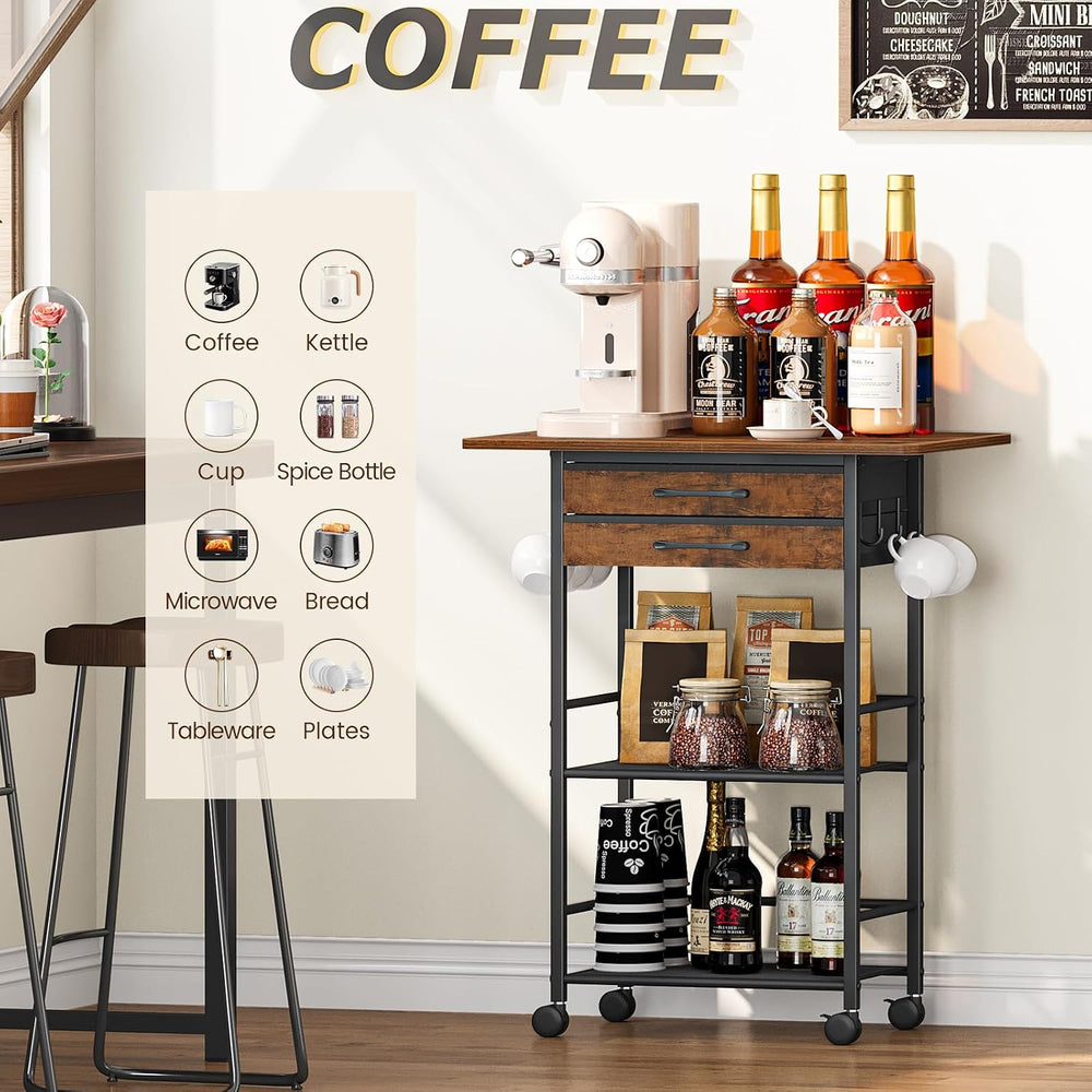 Snughome 5 Tier Rolling Coffee Cart with 2 Large Drawers & Removable Divi...