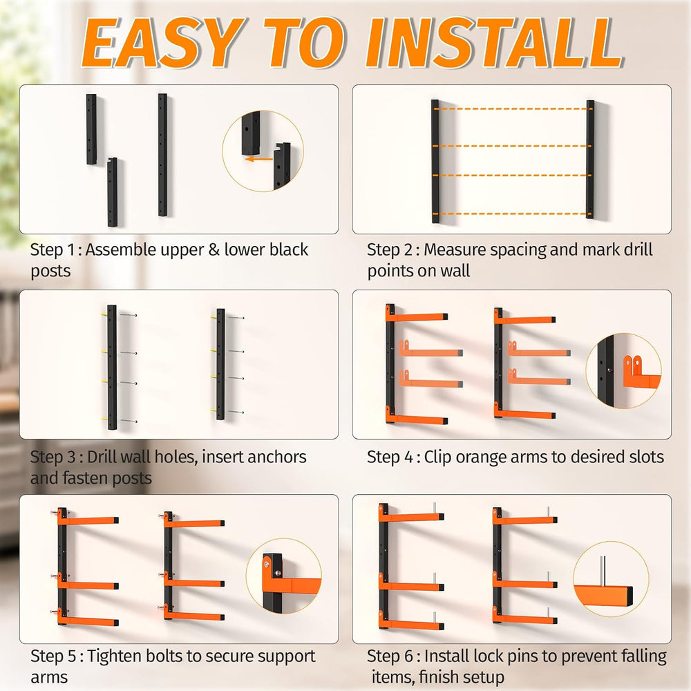 2 Pack Lumber Storage Rack Wall Mount, 660LBS Heavy Duty Wood Rack- Orange