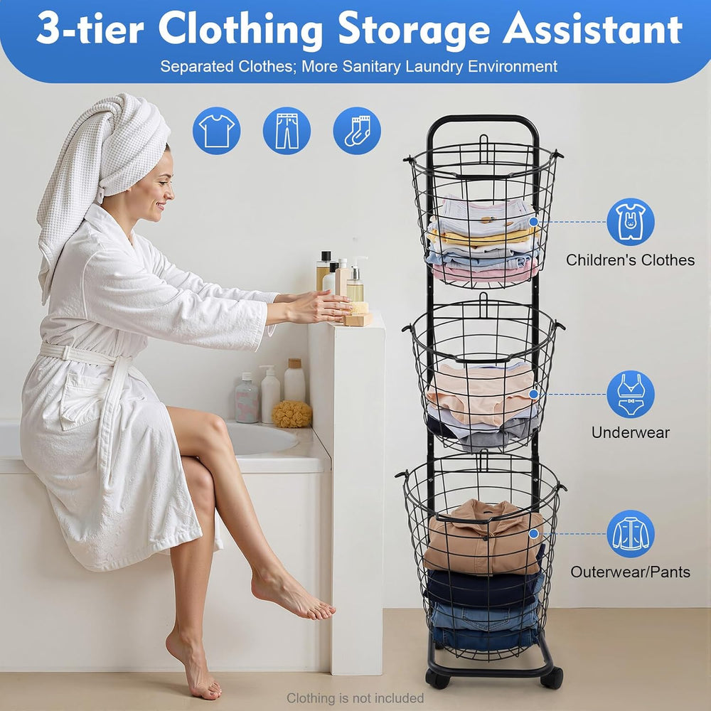 Laundry Basket on Wheels,3 Tier Large Laundry Hampers,10.4 * 13 * 48.4inch Cl...