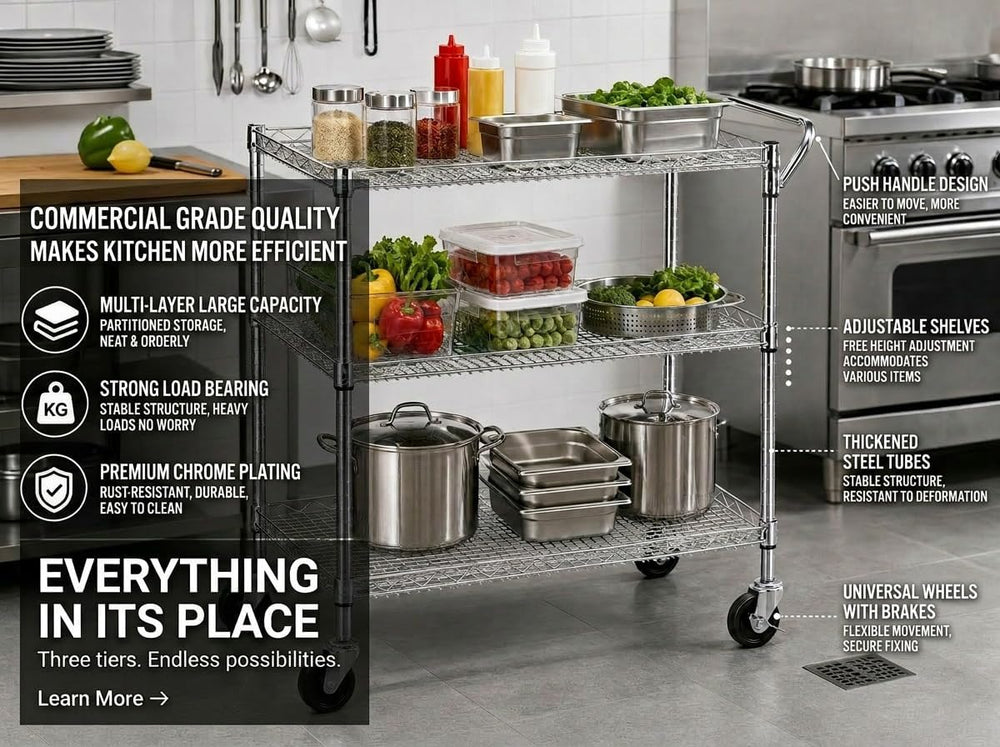 Heavy Duty Rolling Utility Kitchen Cart on Wheels, Chrome Wood Serving Cart C...