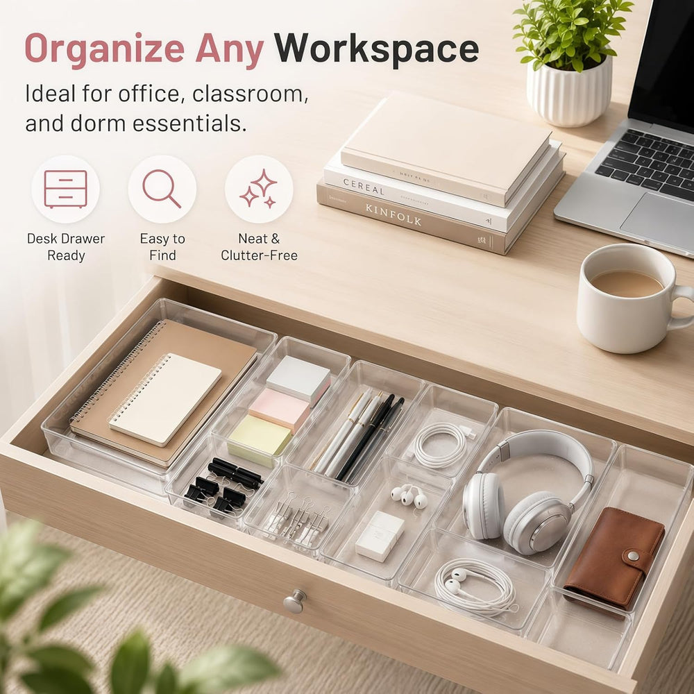 12 Pack Large Drawer Organizer Bins - Clear Plastic Bathroom Drawer Organizer...