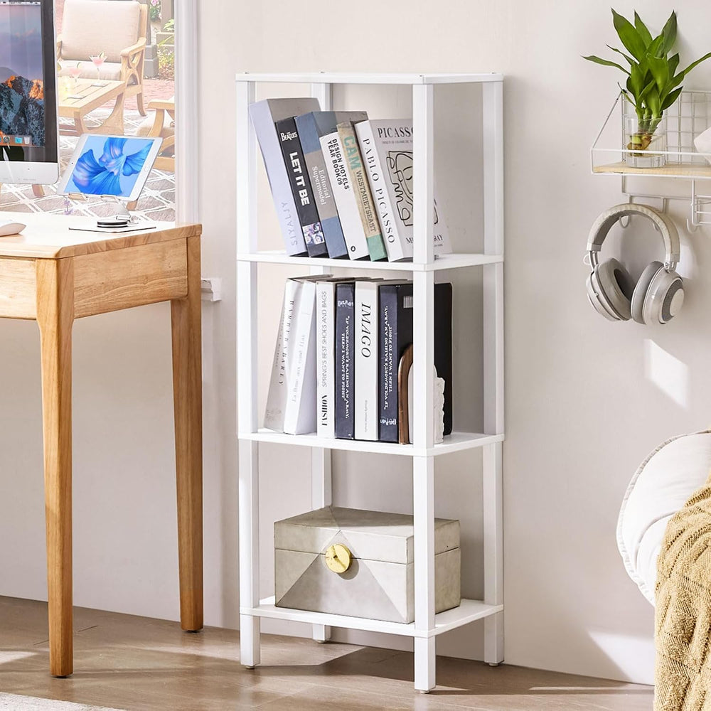 4 Tier Small Bookshelf, Narrow Tall Shelf, Wooden Book Shelf, White