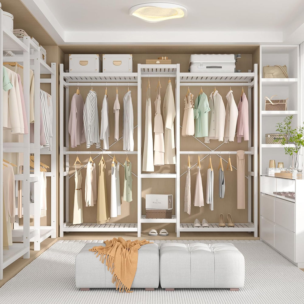 Homykic Bamboo Clothing Rack with 7 Shelves, 5 Hang Rods, 70” Wide, White
