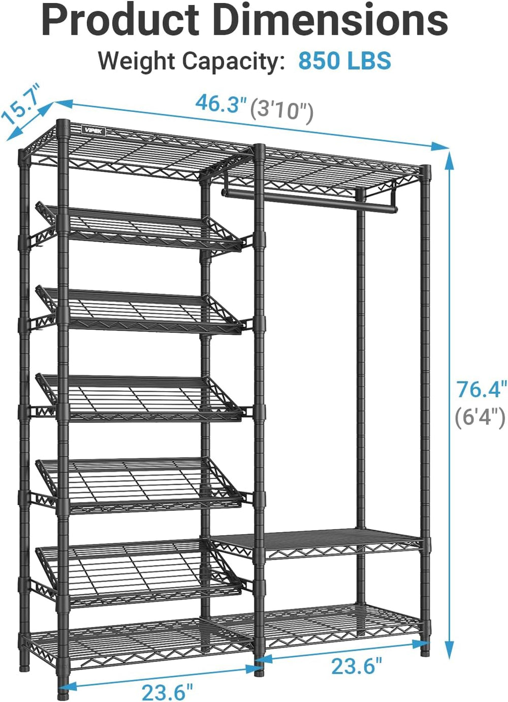 VIPEK S20 Heavy Duty Clothes Rack with 7-Tiers Shoe Shelves, Black