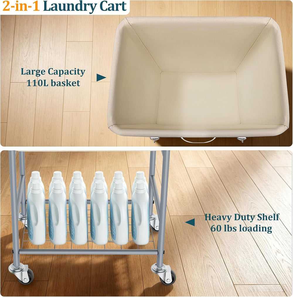 Syeeiex 2-Tier Rolling Laundry Hamper with Wheels, 110L Clothes Basket