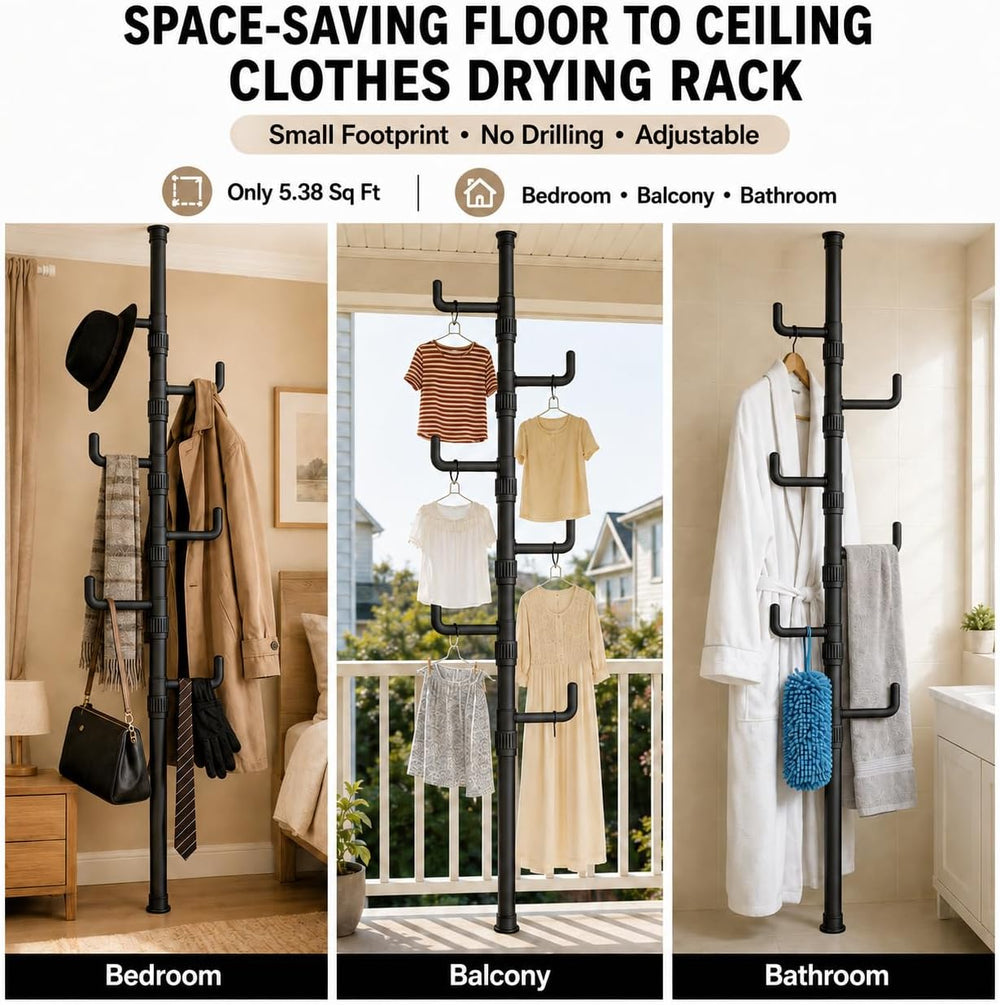 Floor to Ceiling Clothes Drying Rack, Adjustable Tension Pole Laundry Rack fo...