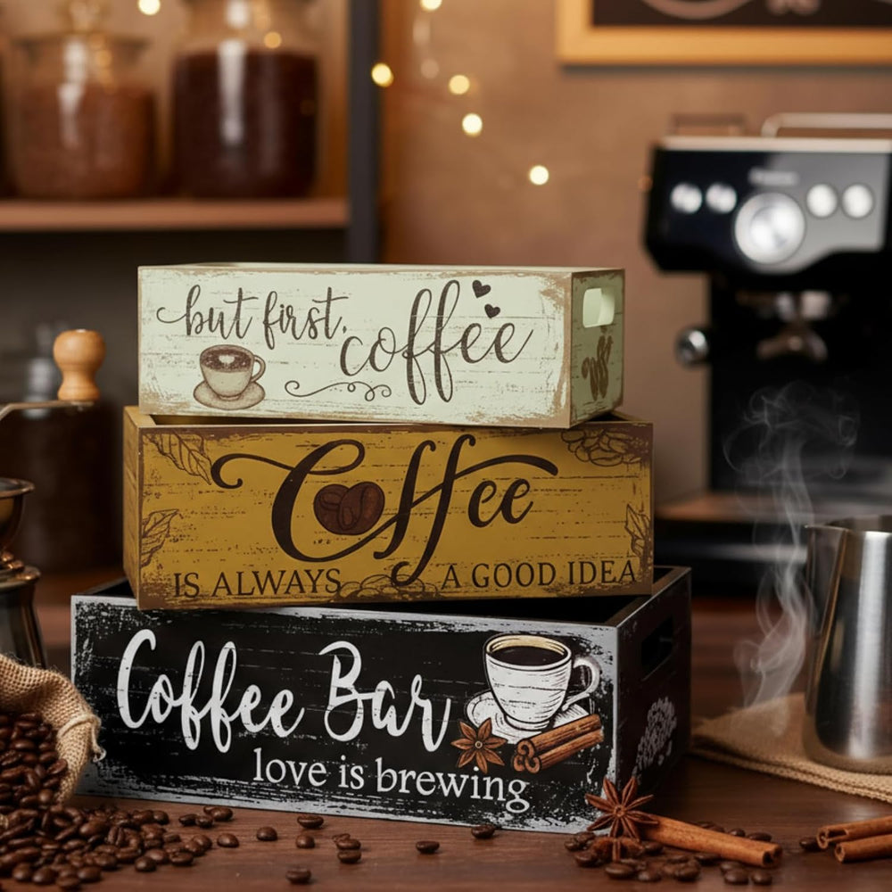 3 Pcs Christmas Wood Crate with Words Coffee Bar Love Is Brewing