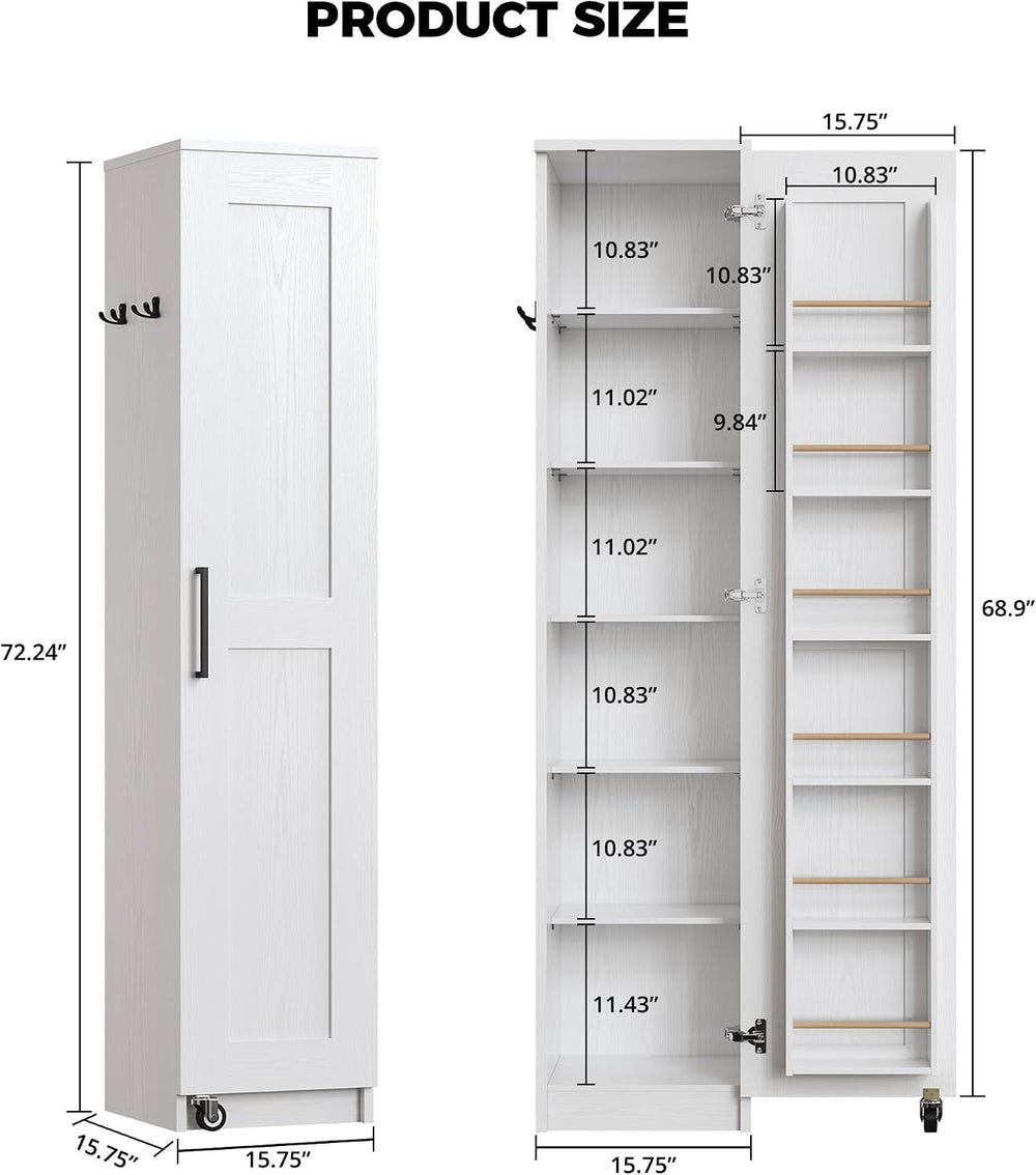 IRONCK Narrow Kitchen Pantry Cabinet, 72" H,Slim for Small Place, White