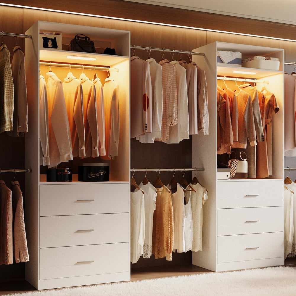 Wooden Closet System With LED Light 11FT Closet Organizer with 3 Wooden Drawe...