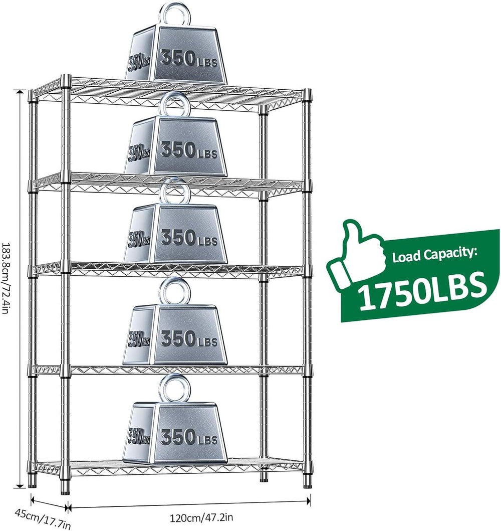 5-Tier Metal Storage Shelving Unit, Heavy Duty Chrome Wire Rack, Adjustable S...