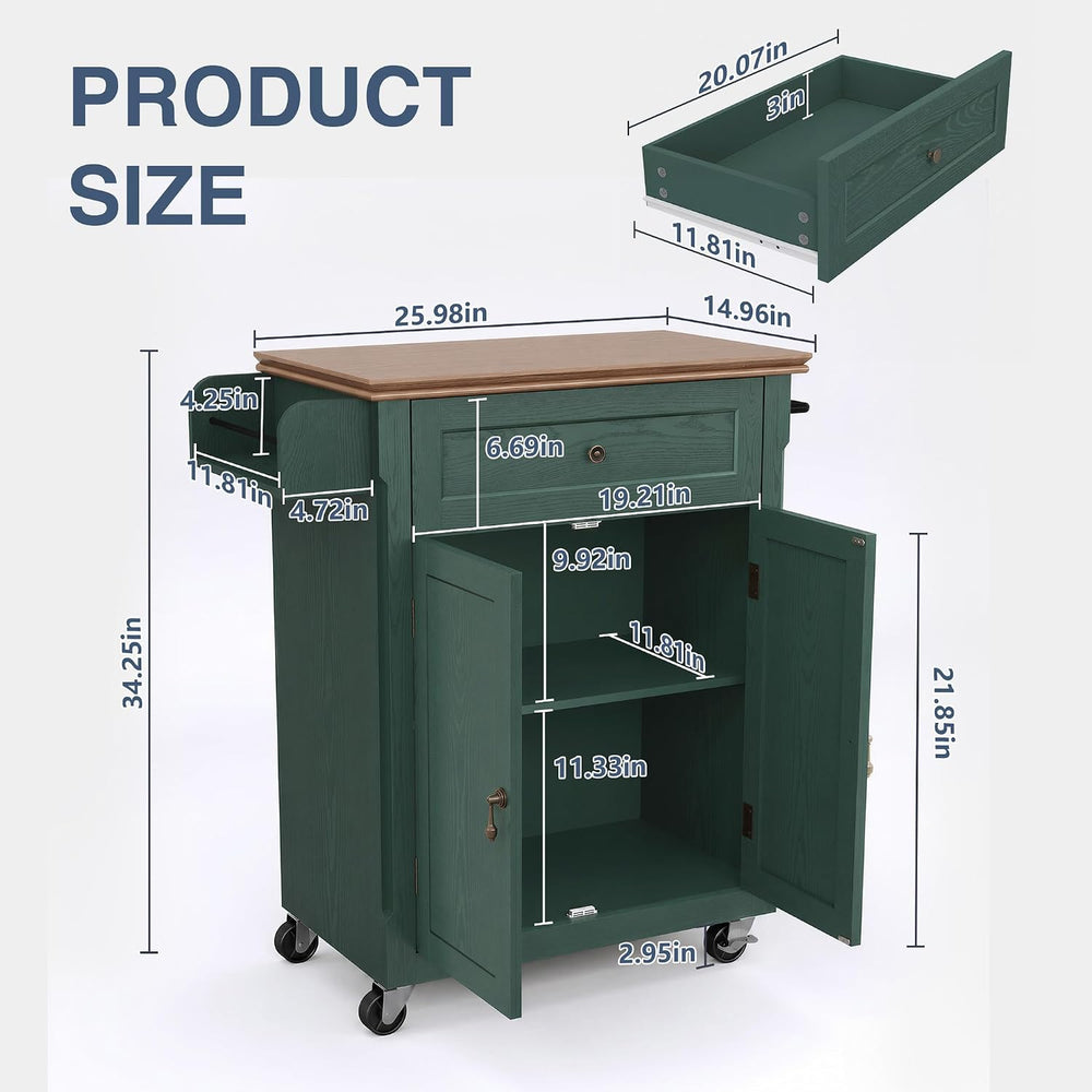 26'' Small Kitchen Island, Vintage Wood Kitchen Cart on Wheels, Green