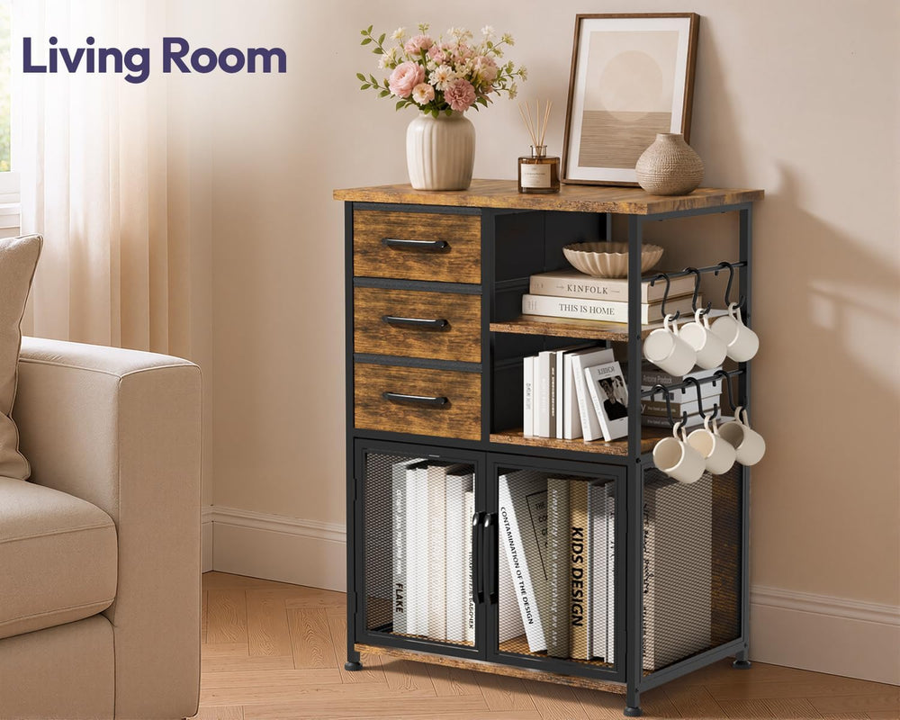 Coffee Bar Cabinet with Drawers - Open Shelves and Mesh Doors