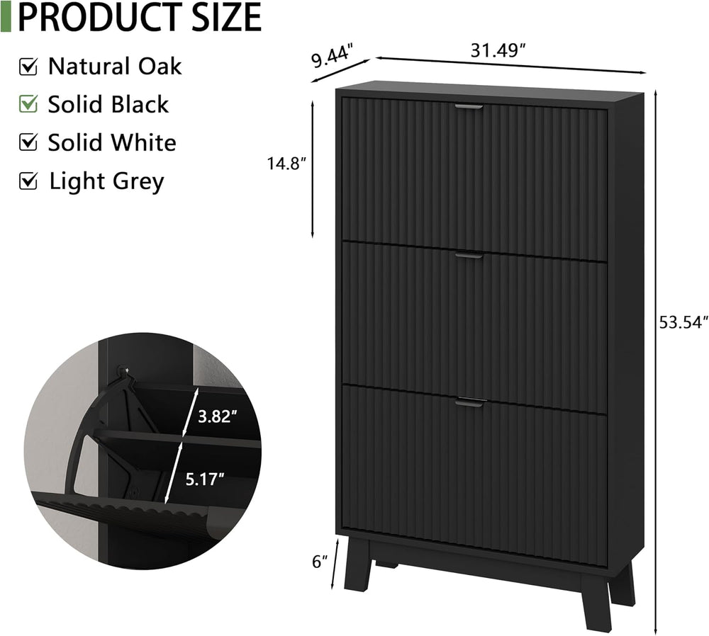 Xixini Shoe Cabinet with 3 Flip Drawers, 54" Tall Narrow Fluted Shoe Sto...