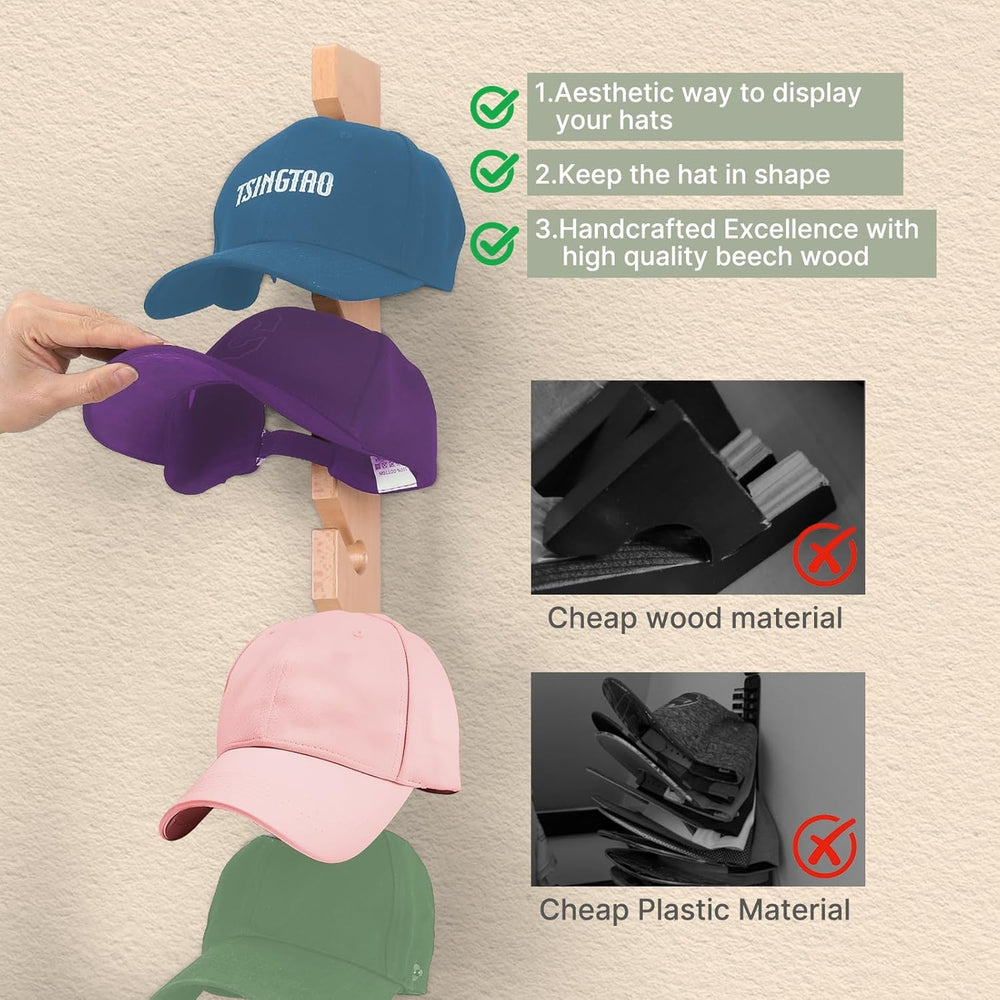 3 Pack Beech Wood Hat Rack for Wall – 10 Hooks Baseball Cap Organizer | Verti...