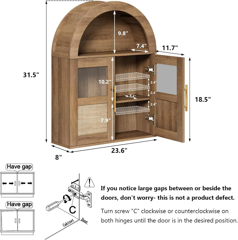 RUSTOWN Arched Bathroom Wall Cabinet with 2 Glass & Rattan Doors