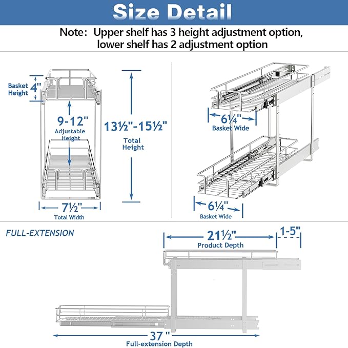2 Tier Individual Pull Out Cabinet Organizer 7½" W x 21½" D, Heavy ...