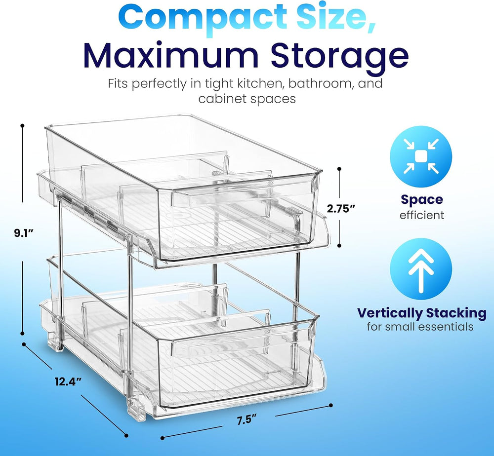 Masirs 2-Tier Clear Pull-Out Drawer Organizer - Sleek, Compact & Sturdy M...