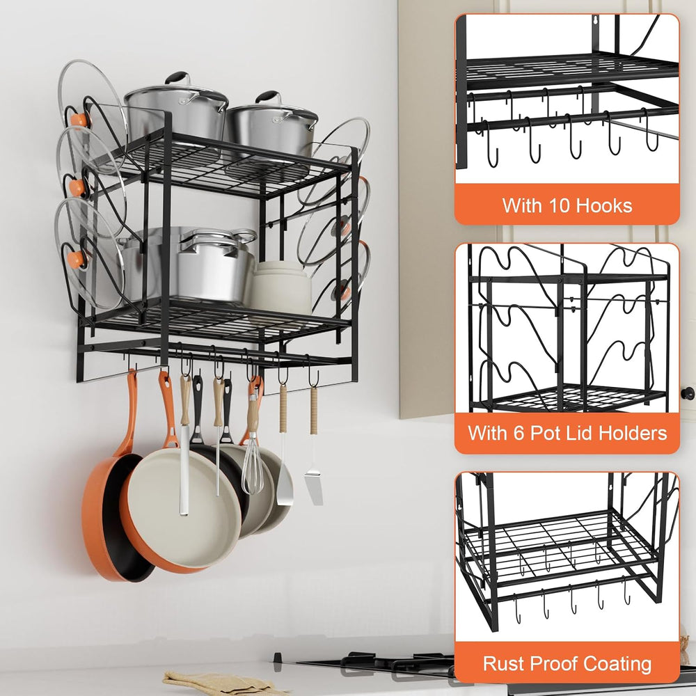 VyGrow 17 Inch Pot Rack Wall Mounted, 2 Tier Pots and Pans Organizer with 10 ...
