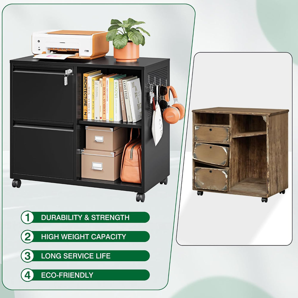 Mobile File Cabinet with Side Hook, 2 Drawer Lateral File Cabinet with Lock f...
