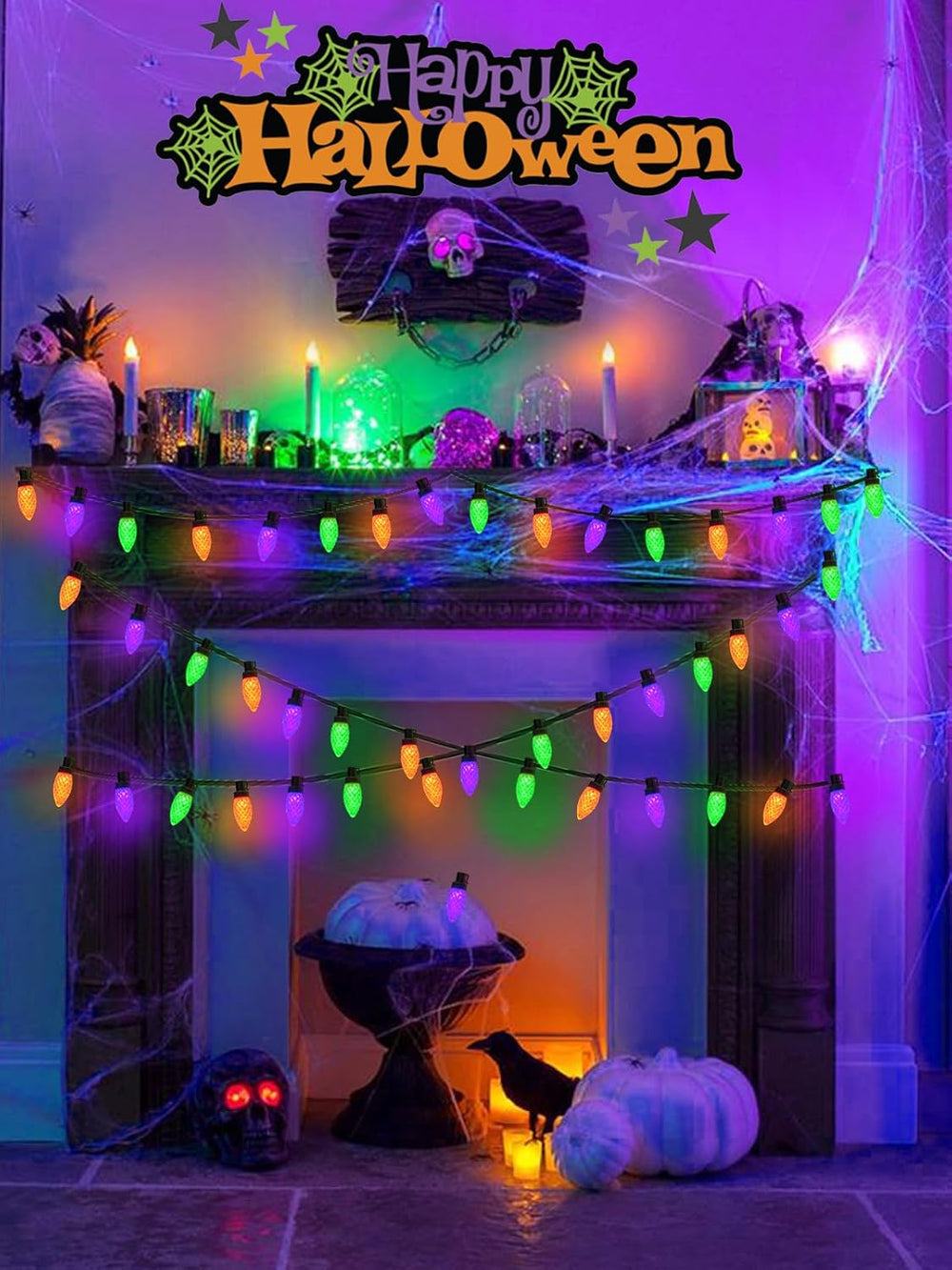 2 Pack C9 Halloween String Lights Plug in 66 FT 100 LED Orange Purple Green