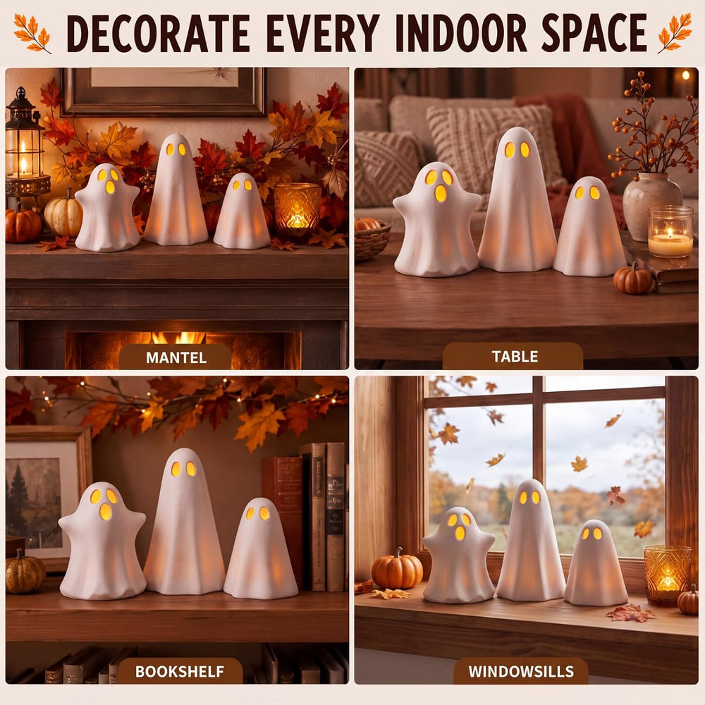 LemonRoad 3 Pcs Halloween Terracotta Ghost Decor Indoor Tealight Holder
