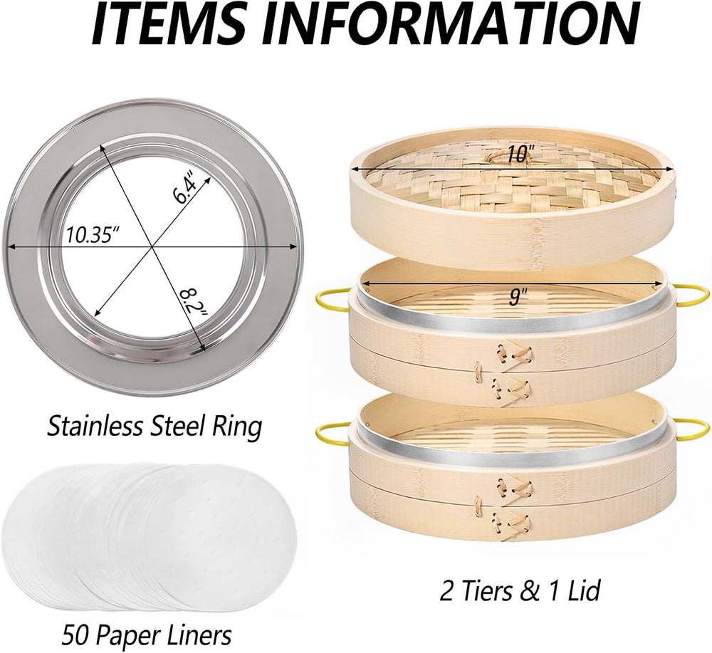 MacaRio 10 Inch Bamboo Dumpling Steamer Basket Set with Ring Adapter