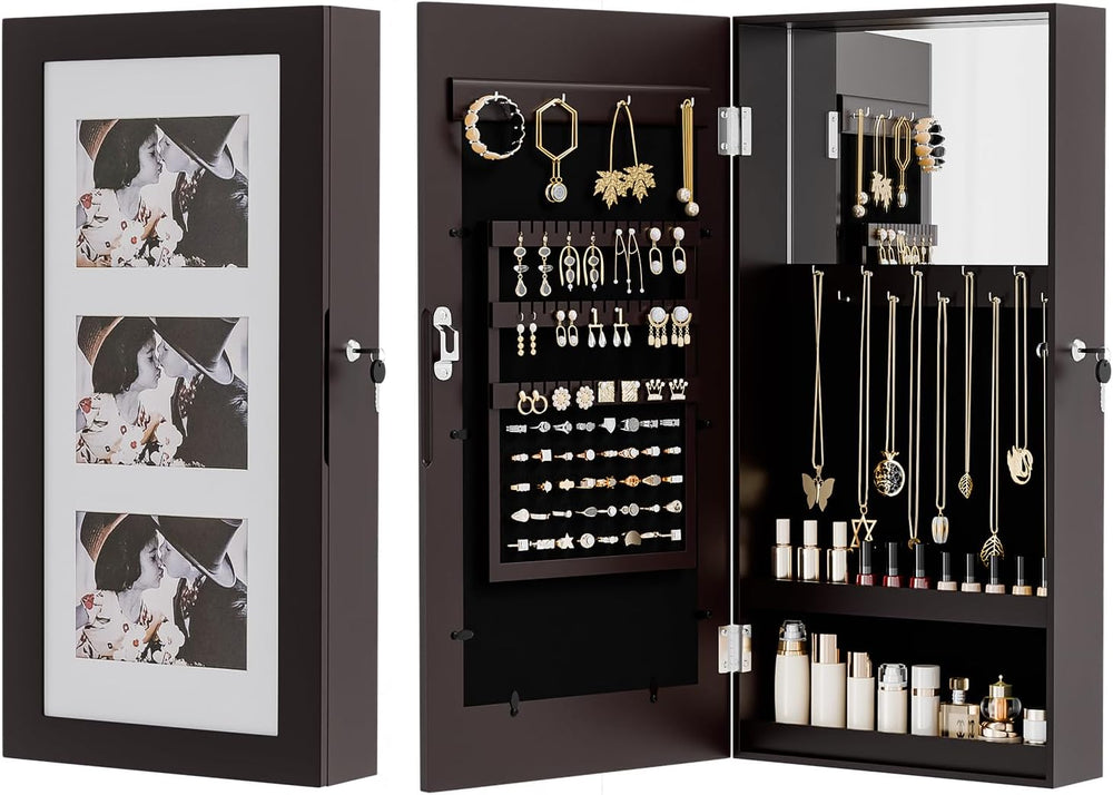 VINGLI Brown Wall-Mounted Jewelry Organizer for Women, 3-in-1 Photo Frame, Mi...