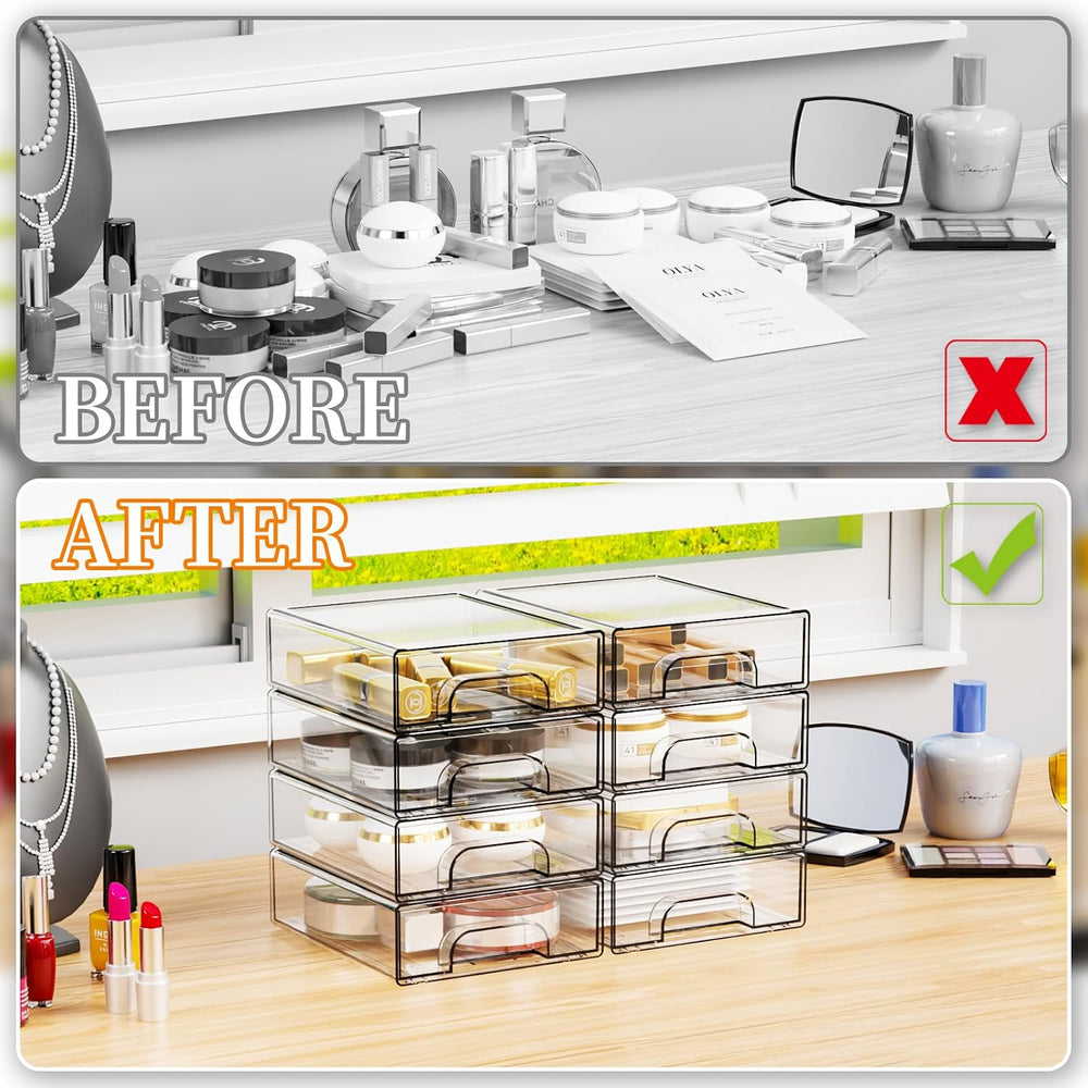 8 Pack Small Clear Stackable Storage Drawers,2.2'' Tall Desk Organiza...