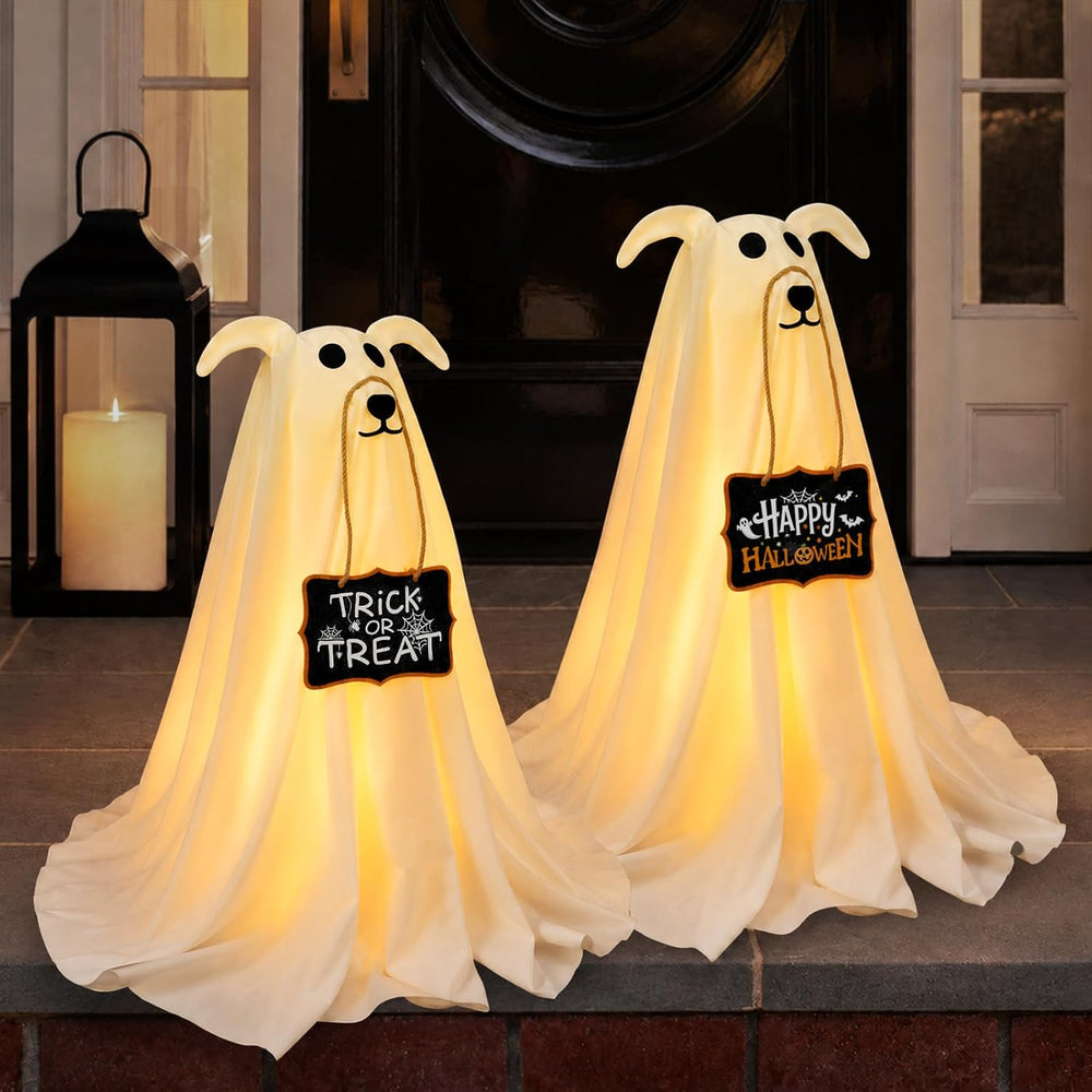 Halloween Decorations, 2 Pack 2.3 FT Light-Up Spooky Ghost Dog with 2 Sign