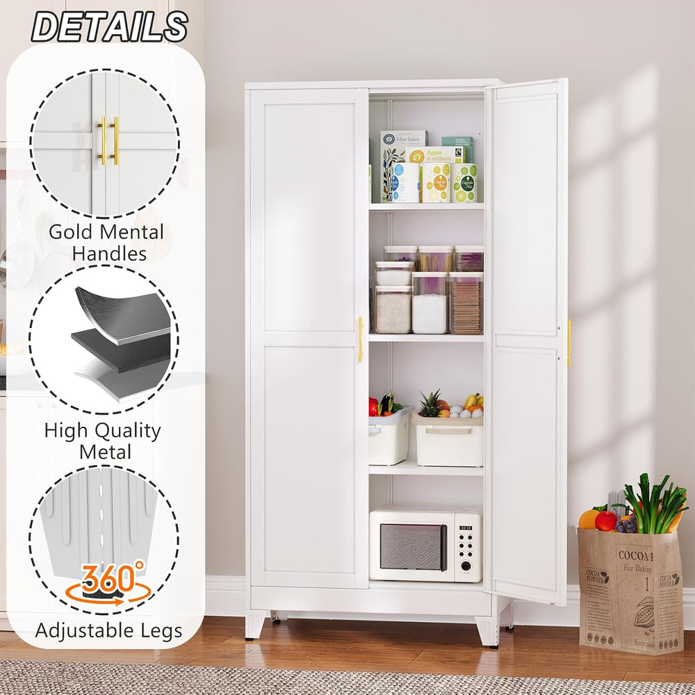 winiowa White Metal Kitchen Pantry Storage Cabinet with Doors and Shelves