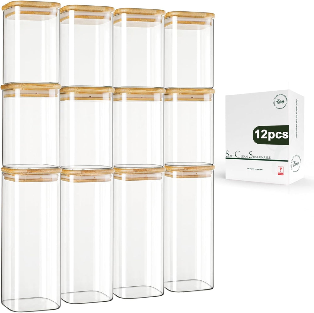 LIBWYS 12-Pack Square Glass Storage Jars with Bamboo Lids (0.6Qt/1.06Qt) - St...