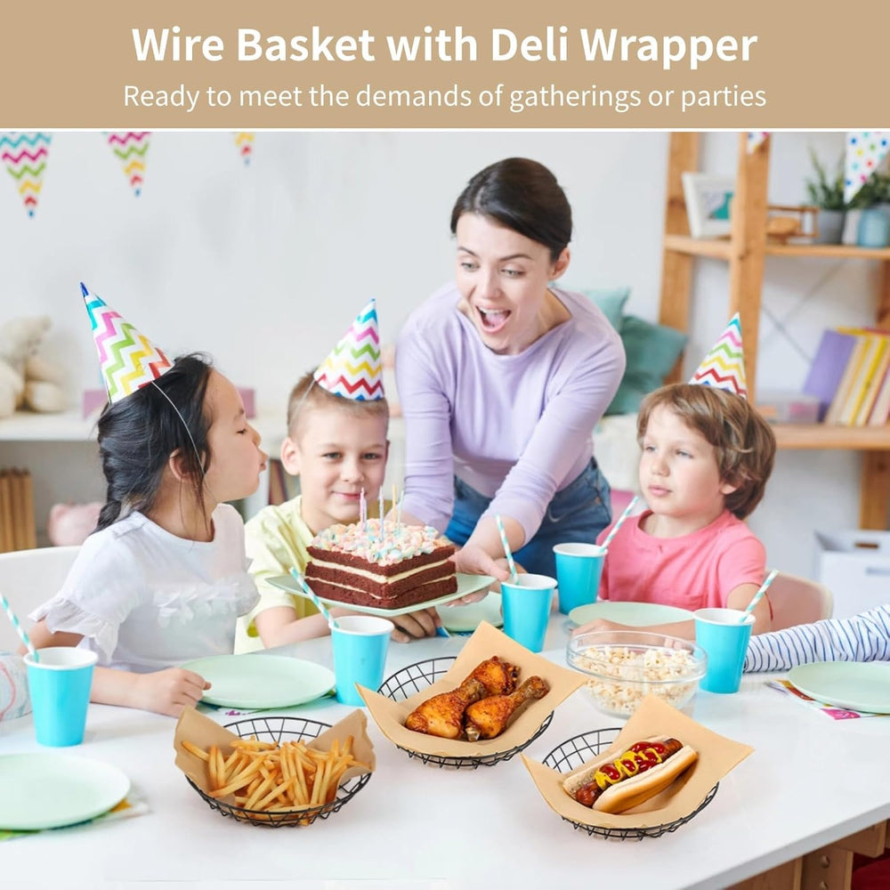 12Pcs Round Wire Serving Baskets, Snack Trays w/Oil Absorbing Deli Wrapper