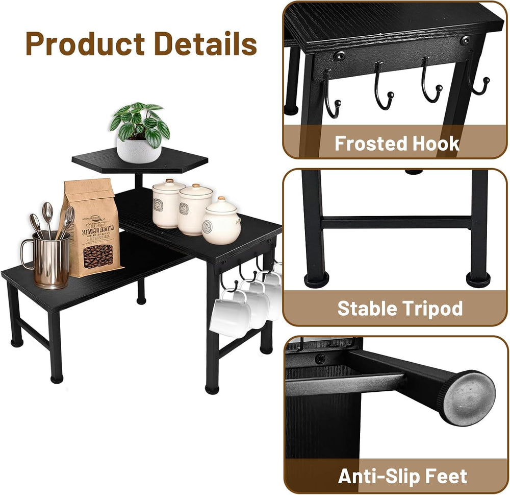 Counter Organizer Shelf, 3 Tier Moveable Black Corner Shelf Organizer with Ho...