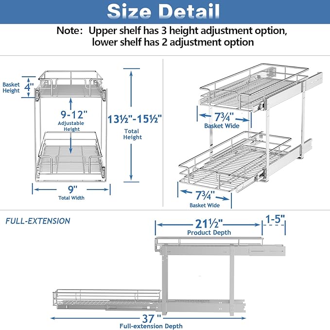 LOVMOR 2 Tier Individual Pull Out Cabinet Organizer 9" W x 21½" D, ...