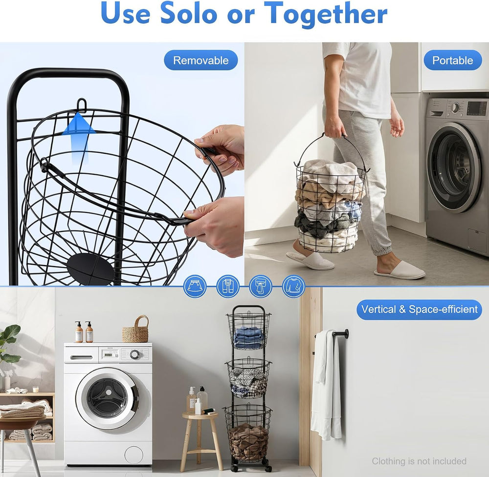 Laundry Basket on Wheels,3 Tier Large Laundry Hampers,10.4 * 13 * 48.4inch Cl...