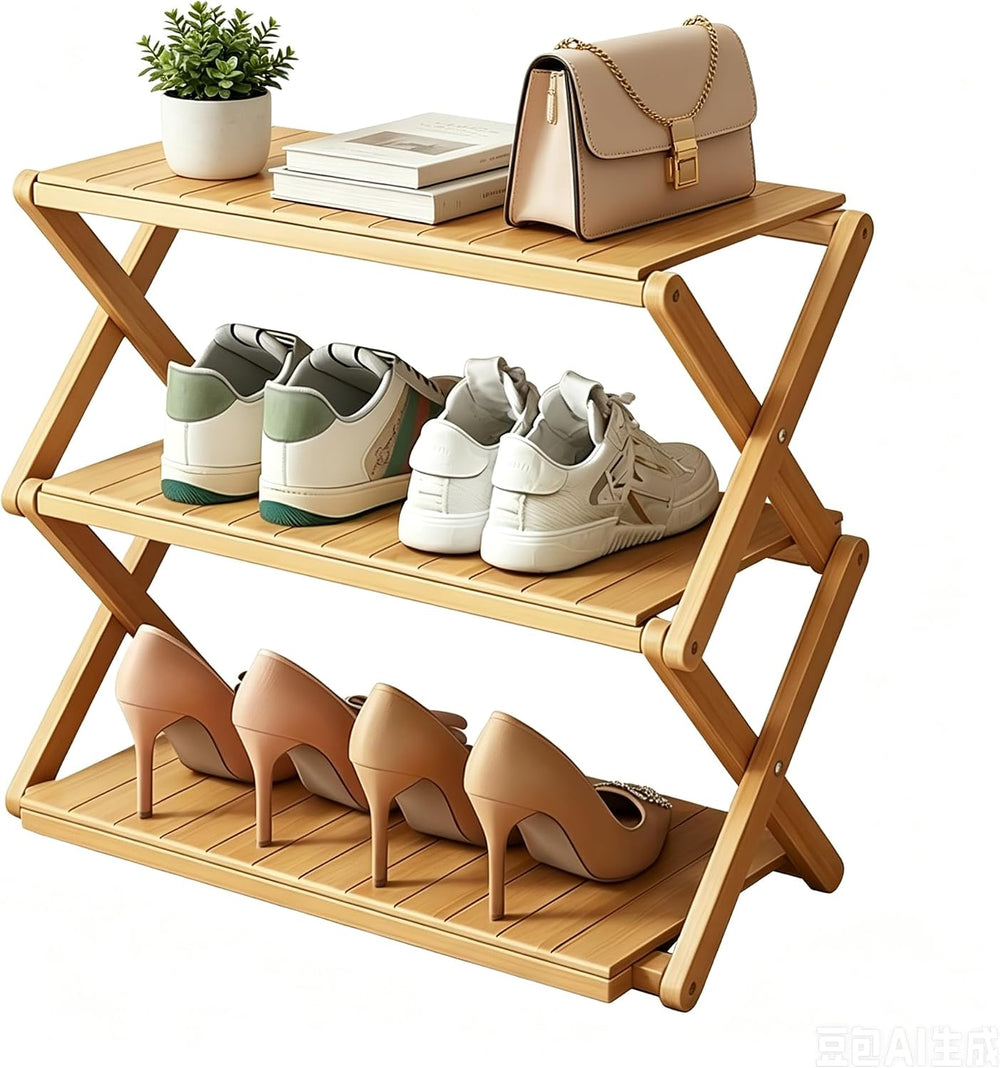3 Tier Foldable Shoe Rack, No-Assembly Bamboo Shoe Organizer Multifunctional ...