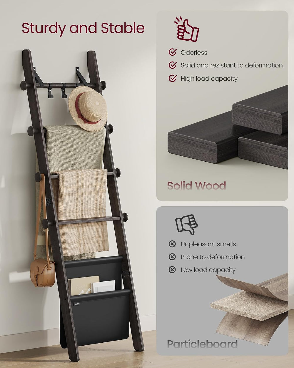 VASAGLE Blanket Ladder, 5-Tier Pine Wood Ladder Shelf with PU Leather Bag