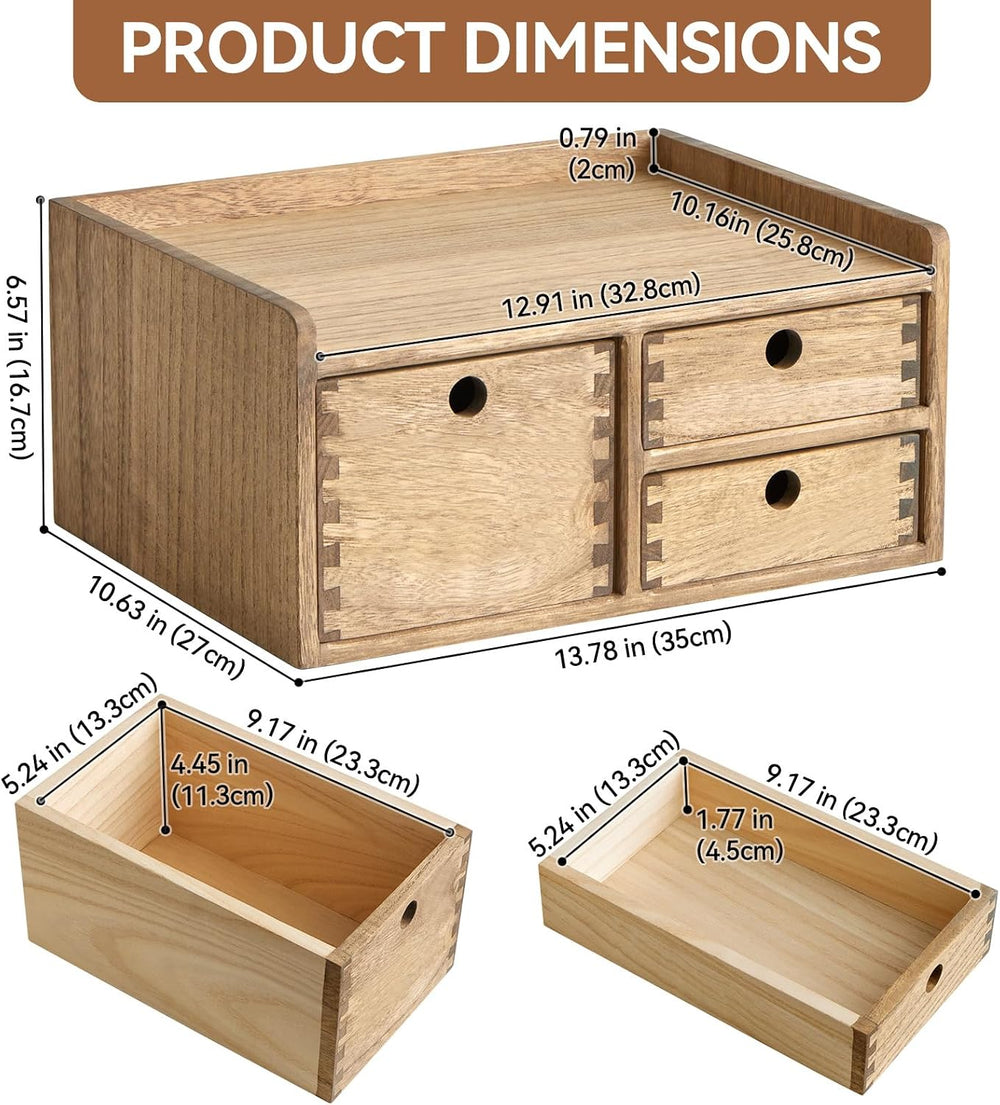KIRIGEN Wooden Desk Organizer with 3 Drawers and Top Tray, Brown DT1D3C-DBR