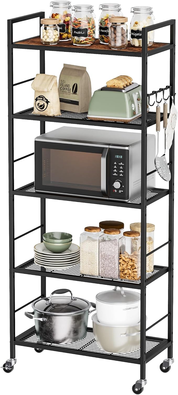 5-Tier Metal Storage Rack with Industrial Wheels,Mesh Shelving Unit with Wood...