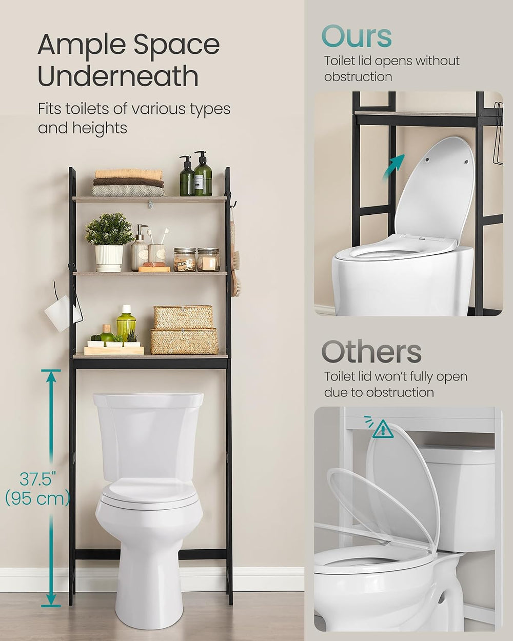 SONGMICS 3-Tier Bamboo Over The Toilet Storage, Adjustable Shelf, 66.9'&#...