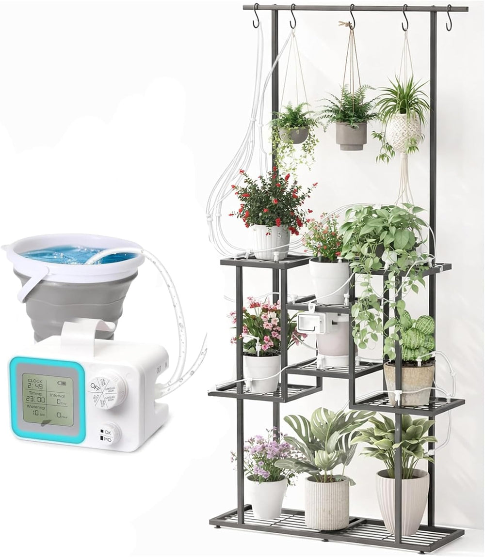 4 Tier Plant Stand with Automatic Drip Watering System, Indoor Outdoor Metal ...