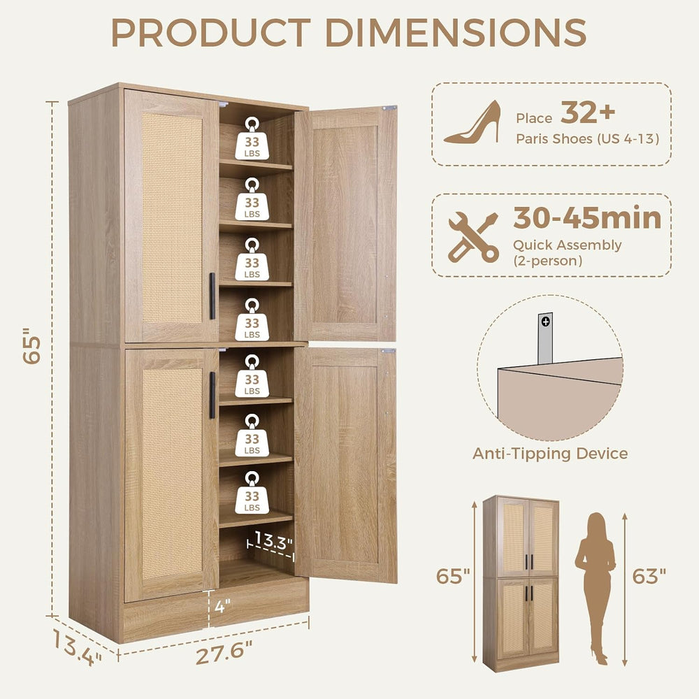 65" 8-Tier Tall Shoe Cabinet with Rattan Doors (Pack of 2)