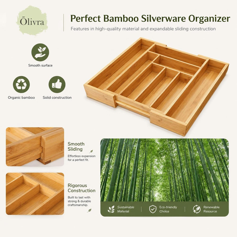 Bamboo Expandable Drawer Organizer for Utensils Holder, Adjustable Cutlery Tr...